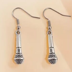New Silver Microphone Dangle Earrings Music Singer Concert Rock Punk Jewelry